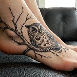 hibou tatoué sur un pied féminin