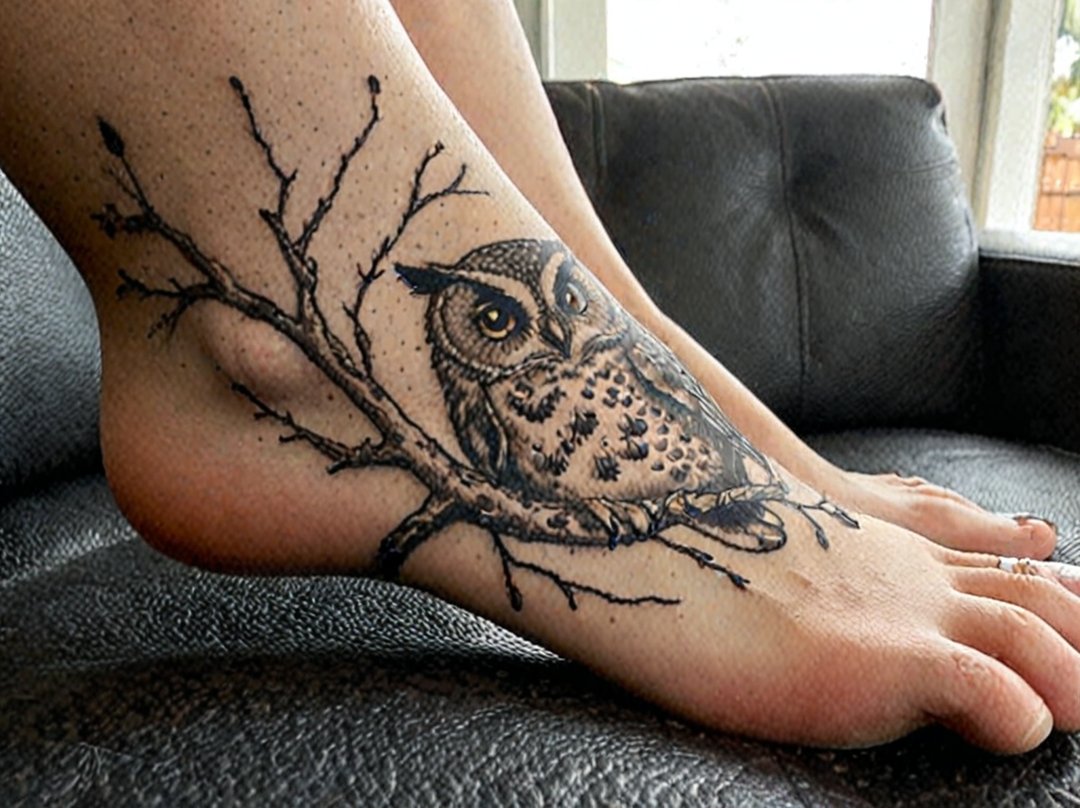 tatouage hibou pied femme