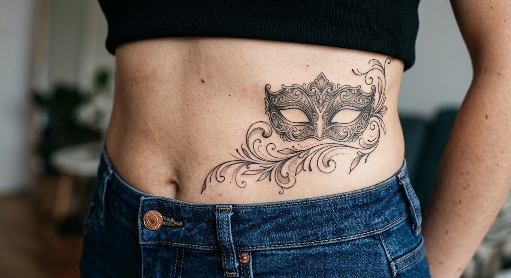 tatouage masque ventre femme