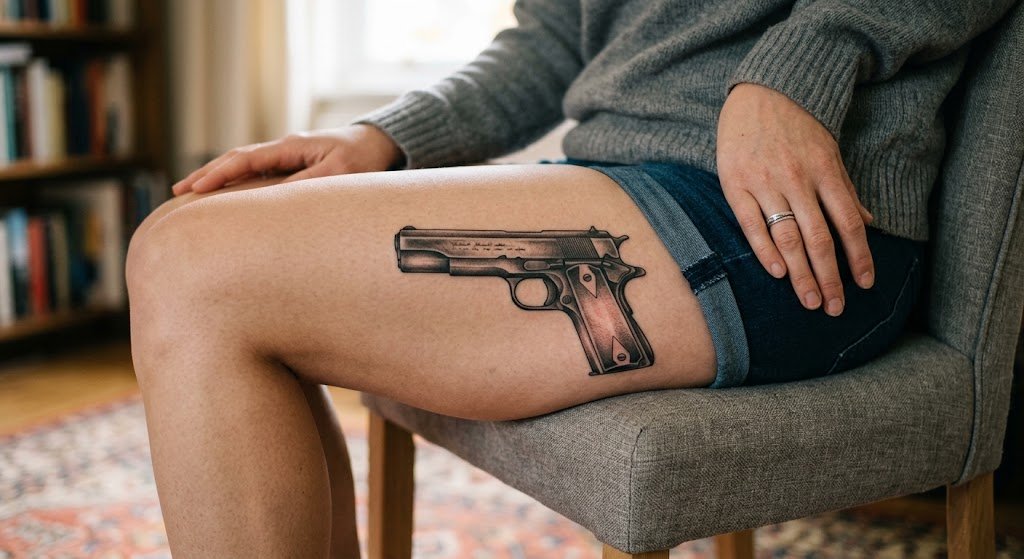 Tatouage pistolet sur la cuisse