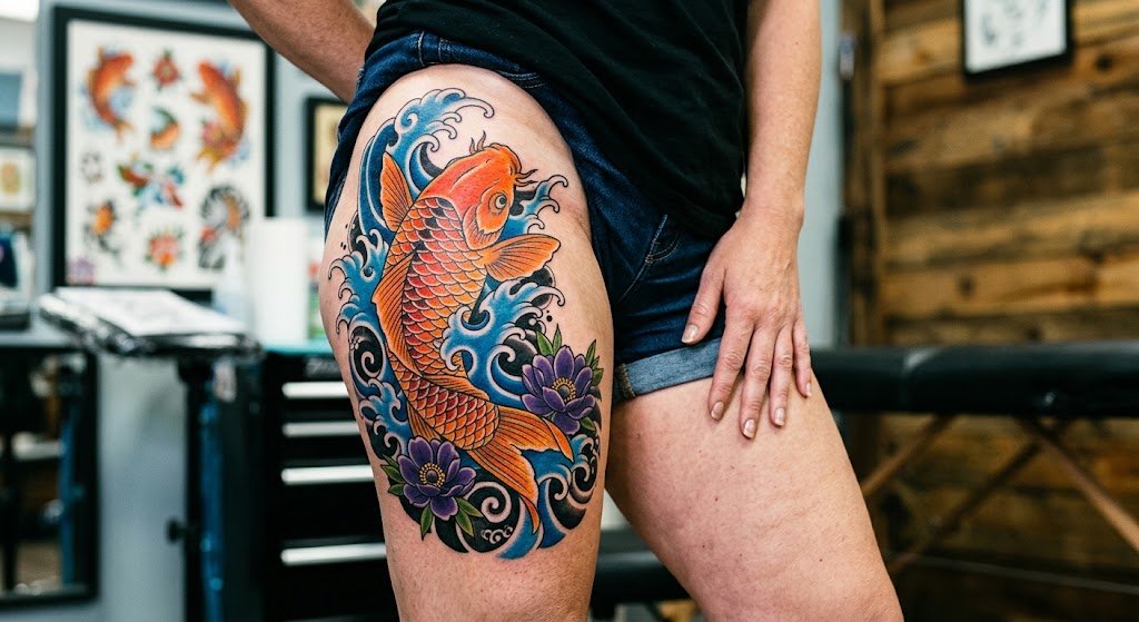 tatouage femme cuisse couleur