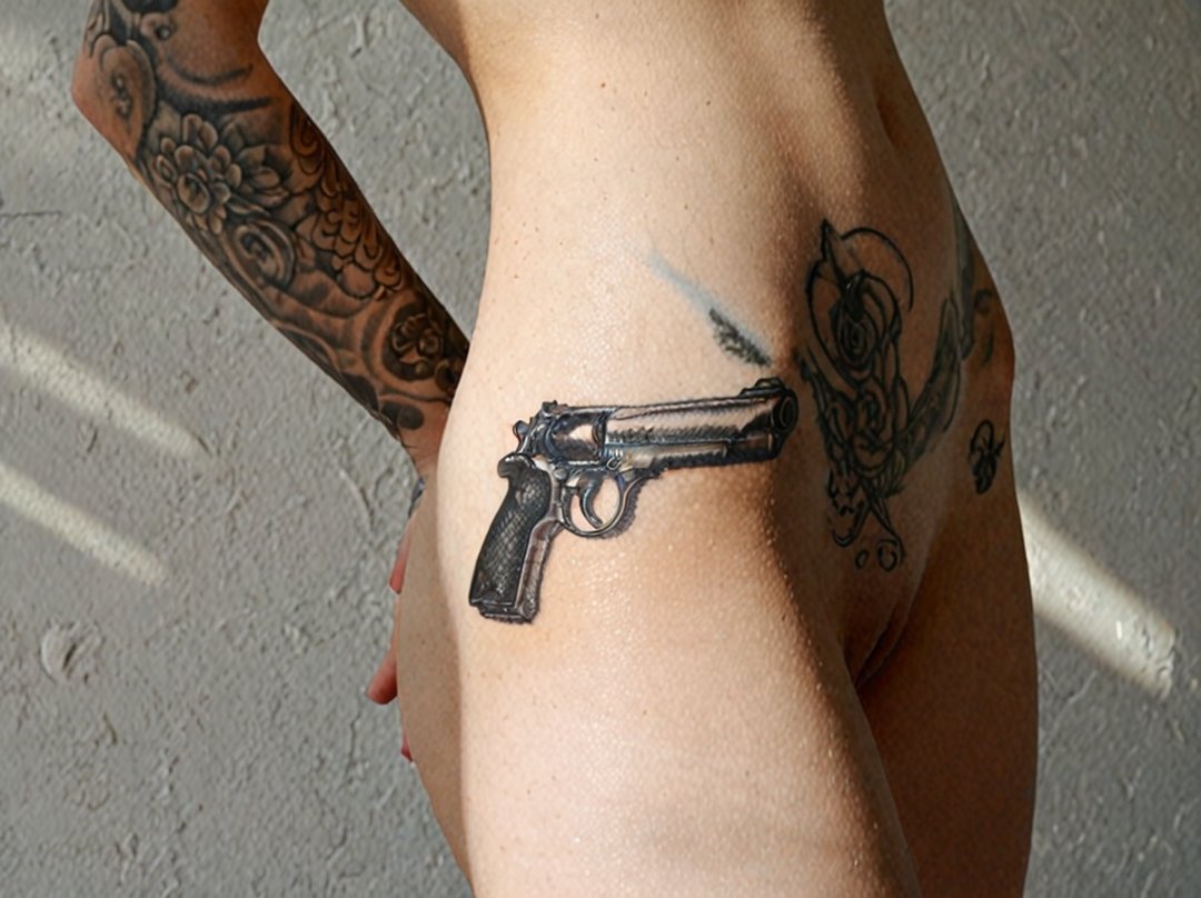 tatouage pistolet sur la hanche